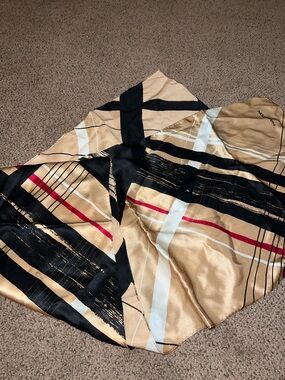 Halston Red 100% silk long scarf tan white black geometric style